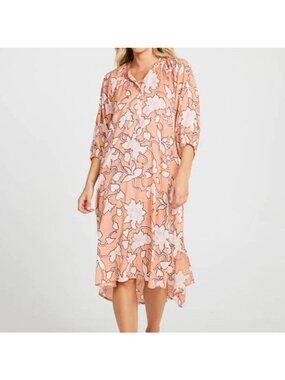 NWT Holiday Womens Orange Printed 3/4 Sleeve Split Neck Midi Sundress Size XS